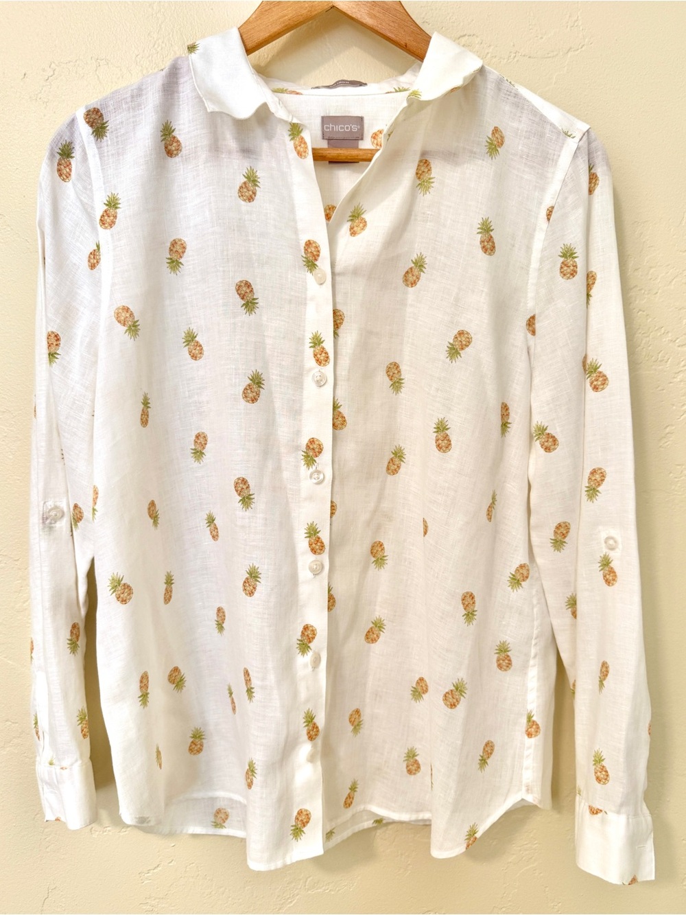 Chico's White No Iron Linen Pineapple-Print Button Front Shirt